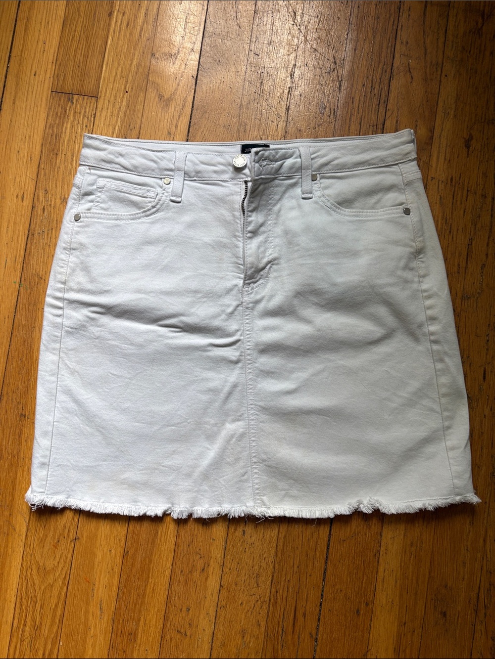 Just Black White Mini Denim Skirt with Frayed Hem
